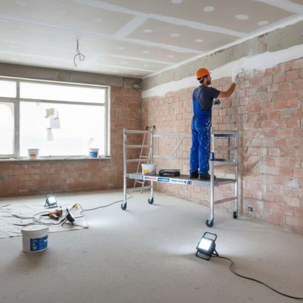 Andamio EVO siendo usado por un obrero en el interior de una oficina