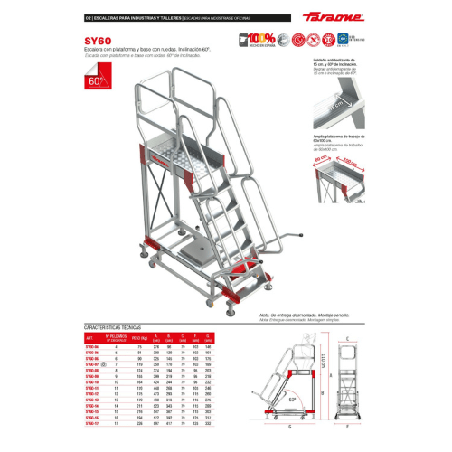 Escalera con plataforma y cuatro ruedas Inclinación 60º SY60-04 Faraone n° peldaños 4 - Imagen 3