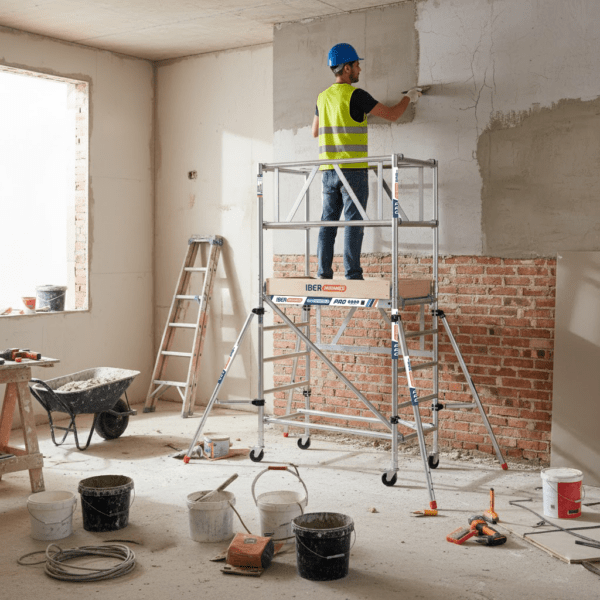 Andamio Easy Compact 1+2 siendo usado por un obrero en el interior de una vivienda en reformas