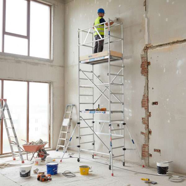Andamio Easy Compact 1+2+3 siendo usado por un obrero en el interior de una vivienda en reformas