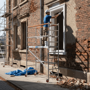 Andamio plegable 40259-A siendo usado por un obrero en el exterior de una vivienda
