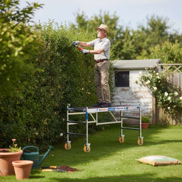 Andamio de jardín siendo usado para podar un seto