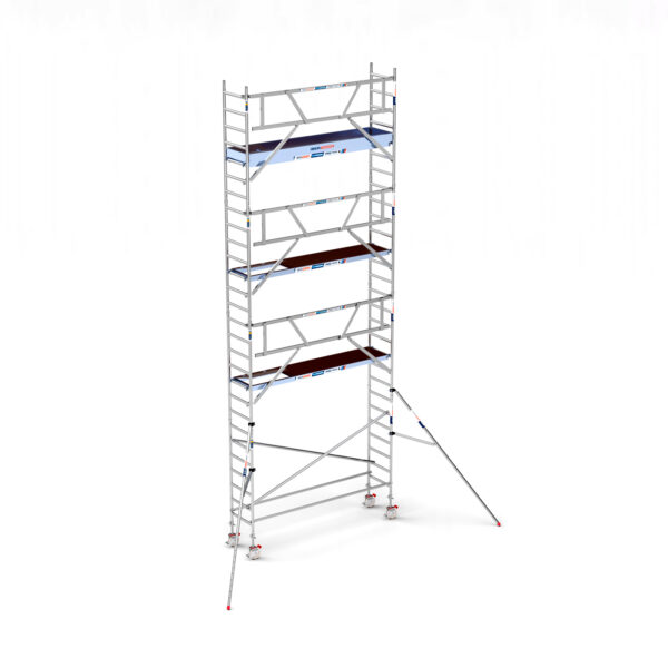 Descripción de ProductoMaximiza la seguridad y la productividad en tus intervenciones profesionales más exigentes con la torre andamio móvil Pro Safe de 75x305 cm y una altura de trabajo de 9,20 metros. Dotada del innovador sistema de barandilla frontal SAFE INSTALL, proporciona una protección avanzada e integral frente a caídas durante todo el proceso de montaje y desmontaje. Su estructura fabricada íntegramente en aluminio de alta calidad combina una gran ligereza, excelente maniobrabilidad y un rápido ensamblaje para optimizar la eficiencia en cualquier obra.¿Necesitas asesoramiento técnico personalizado o un presupuesto a medida para tu empresa o proyecto industrial? Contacta hoy mismo con nuestro servicio técnico y comercial para encontrar la solución perfecta en altura.Características PrincipalesMaterial constructivo: Aluminio de alta calidad, ligero y resistente.Sistema de seguridad integrado: Incorpora barandilla frontal SAFE INSTALL para una protección activa y segura contra caídas durante el montaje y desmontaje.Homologación y normativas: Certificado Tüv y conforme a la norma NEN-EN 1004 (Andamio clase III).Dimensiones de la plataforma: 305 cm de longitud x 60 cm de ancho x 9 cm de alto.Estabilidad reforzada: Incluye 2 tele-estabilizadores de 200 mm y 4 ruedas de nylon con husillo de acero de 20 cm (500 kg de resistencia).Garantía: 5 años de calidad asegurada.Facilidad de uso: Estructura maniobrable y con un tiempo de montaje aproximado de 5 minutos.Tabla Técnica de EspecificacionesEspecificación TécnicaDetalle del ProductoLongitud del andamio3,05 metrosAncho del andamio0,75 metrosAltura de trabajo9,20 metrosAltura de la plataforma7,20 metrosAltura total del andamio8,20 metrosPeso total del andamio208 kgMaterial principalAluminioElementos de apoyo y estabilidad2 tele-estabilizadores de 200 mm y 4 ruedas de nylon con husillo de acero de 20 cm (500 kg)Normativa aplicableNEN-EN 1004 (Clase III) / Certificado TüvPreguntas Frecuentes - FAQs¿Qué componentes incluye el suministro de este andamio móvil? El kit completo está compuesto por 8 marcos de montaje 75-28-7, 3 plataformas con trampilla 305, 3 barandillas frontales SAFE INSTALL 305, 2 barras diagonales 305, 2 barras horizontales 305, 2 tele-estabilizadores de 200 mm, 1 juego de rodapiés de aluminio 75x305, 4 ruedas de nylon con husillo de acero de 20 cm (500 kg) y 12 clips de seguridad.¿Cumple este equipo con la normativa vigente de prevención de riesgos? Sí, cuenta con certificación Tüv y satisface plenamente la norma europea NEN-EN 1004 como andamio de clase III para garantizar la máxima seguridad en el entorno laboral.¿Ofrece protección frente a caídas durante el montaje en altura? Sí, gracias al uso de la nueva barandilla frontal SAFE INSTALL, el operario se encuentra protegido de forma óptima contra caídas durante todas las fases de montaje y desmontaje.