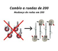 Cambio ruedas básicas de 150 mm por rueda de Nylon de 200 mm con husillo de acero regulable. Carga hasta 500 kg